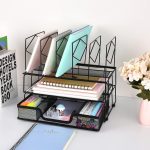 gianotter Desk Organizers and Accessories, Office Supplies Desk Organizer with Sliding Drawer, Double Tray and 5 Upright Sections (Black) - Image 7